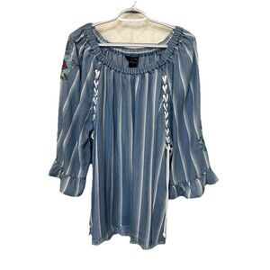 Ali Miles 3X Boho Embroidered Tunic Top Blue Striped Lace Up Sides Ruffle Hem